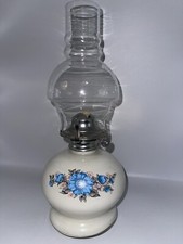 Vintage Small  Oil Lamp Blue Floral Design 34cm High Glass Chimney Flower Funnel