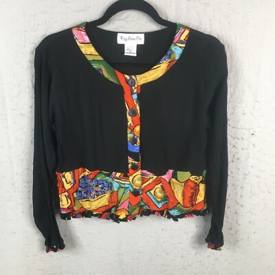 Key Lime Pie Top Womens Medium Black Crinkle Rayon Artsy Trim Crop Y2K Mod