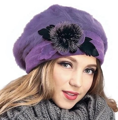 Women's French Beret 50% Angora Wool Blend Beret Floral Beanie Winter Hat Purple