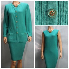 St. John Collection Blue Jacket Dress L Size 12 10 2pc Suit Buttons Ribbed Knit