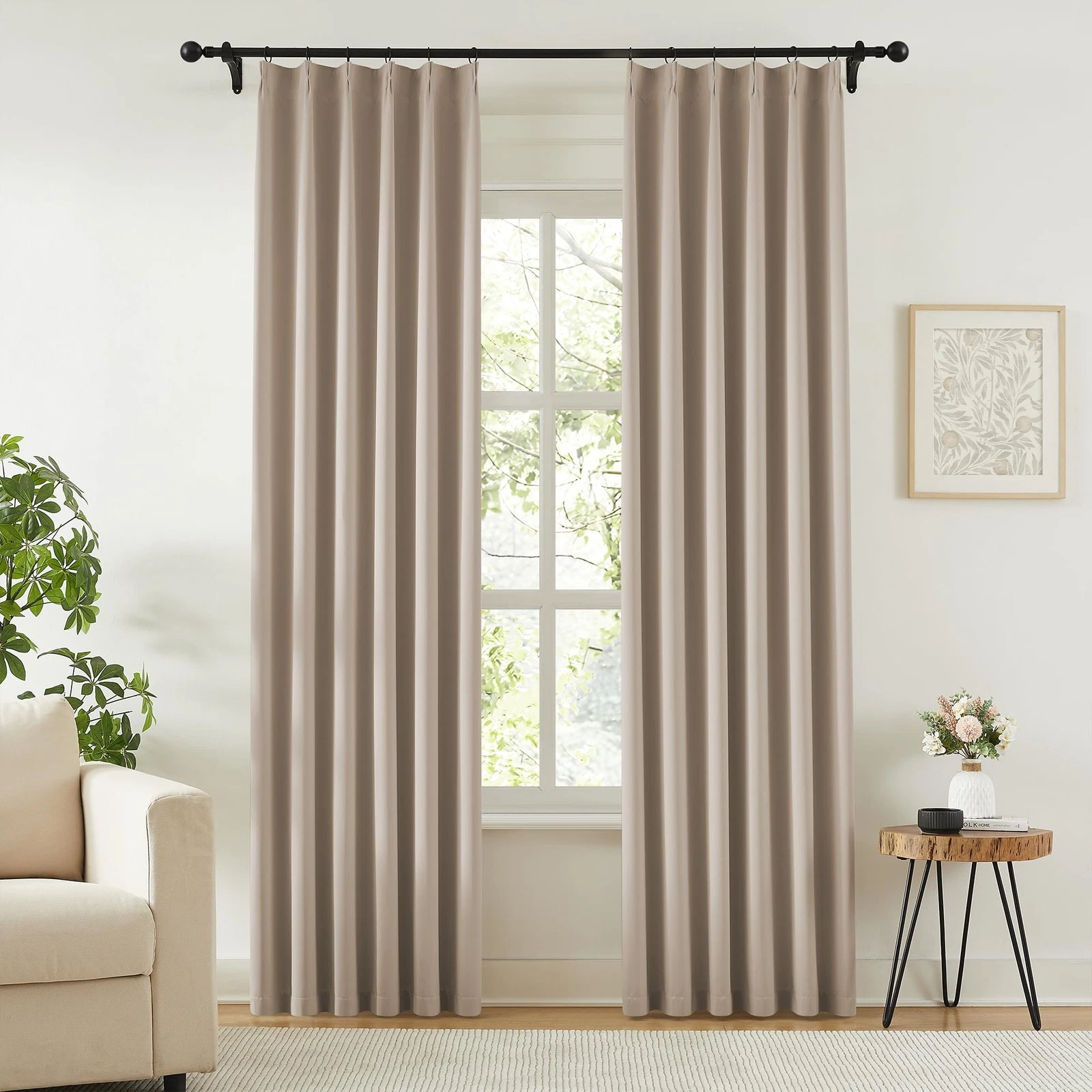 Kangbang Taupe Pinch Pleated Window Curtains 2 Panels Set 90 Inch Blackout