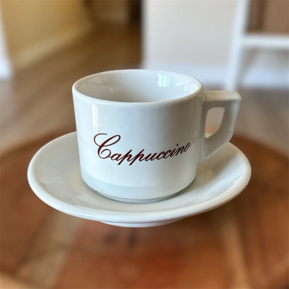 Juegos de tazas y platillos de capuchino ACF blancos con escritura marrón hechos en Italia - Juego de 2 Foto 3 de 4