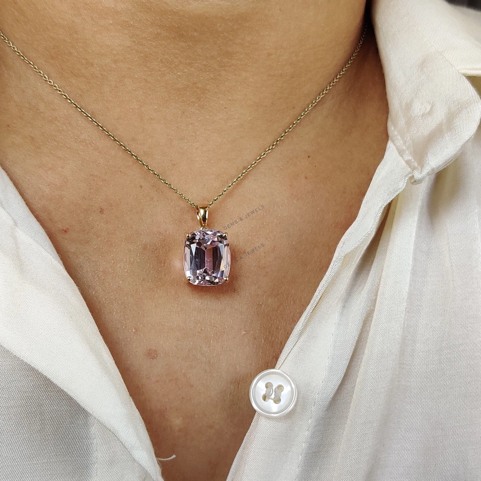 Colgante de kuncita natural de 12,21 quilates de oro de 14 quilates minimalista piedra de nacimiento de octubre regalo Foto 2 de 4