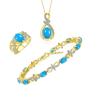 Authentic Rylos Gold Plated Silver Turquoise & Diamond Gemstone Matching Set Sz 5-10