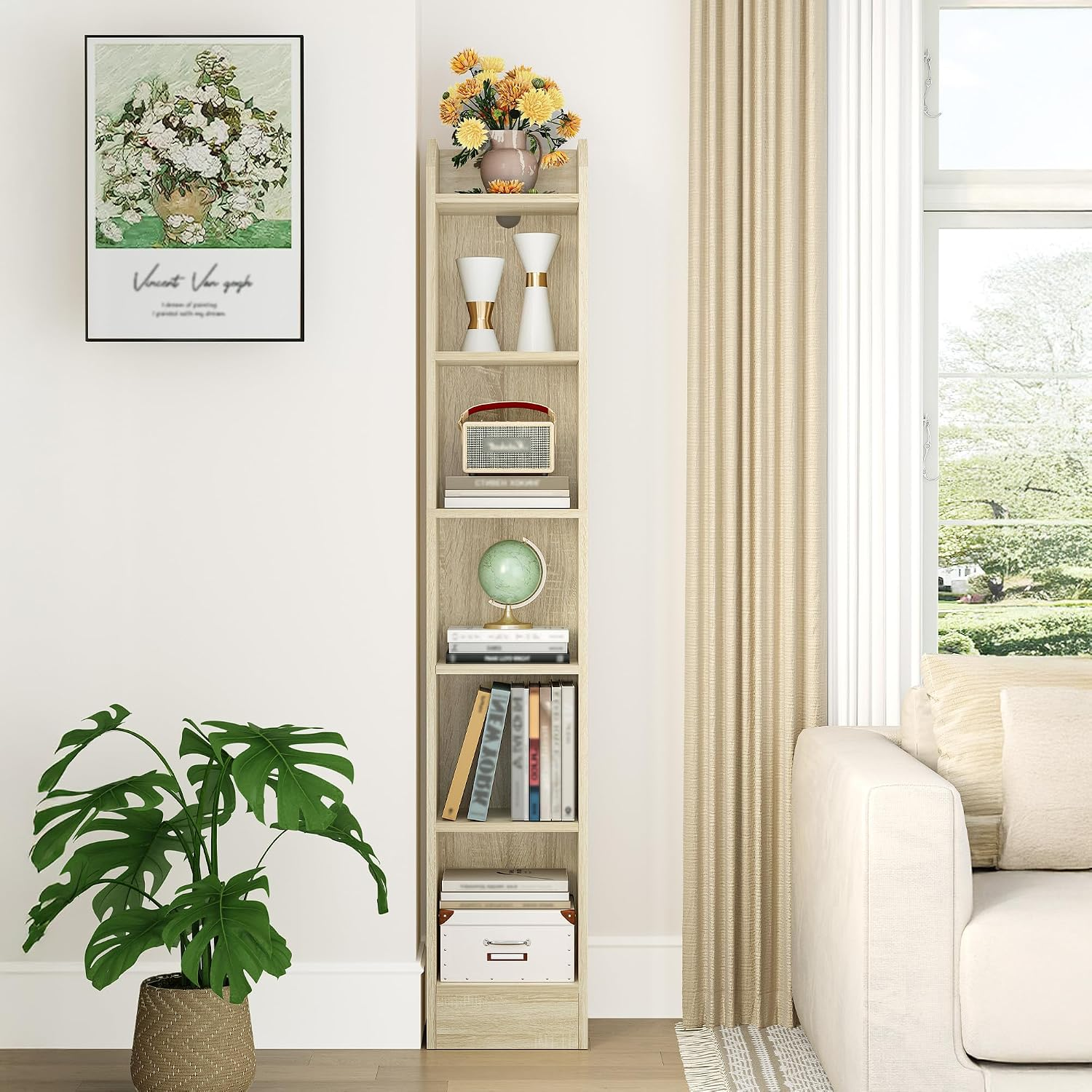 Bookcase 6 Tier Tall Narrow Bookshelf Adjustable Shelves Oak Beige Storage Unit
