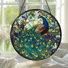 Peacock Stained Glass Window Hanging, Peacock Flowers Stained Glass Suncatcher