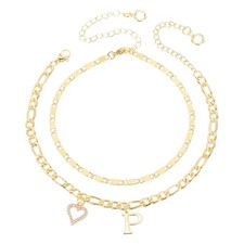 Initial Heart Ankle Bracelets for Women, Letter P Layered Anklets, Gold Tone