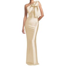 Champagne Gold Satin One Shoulder Bow Formal Gown Maxi Dress Evening Gala