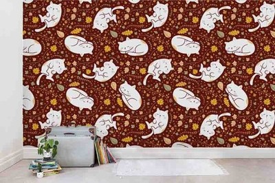 3D Cat Autumn Leaves Pattern Wall Murals Wallpaper Murals Wall Sticker