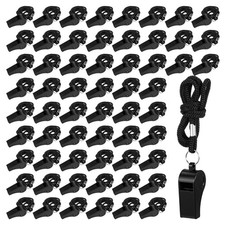 60 Pcs Black Plastic Sports Whistles with Lanyards, Loud Referee Whistles Bul...