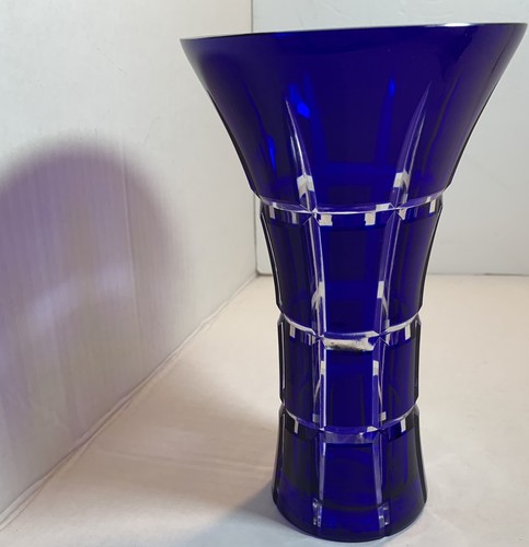 Cobalt Blue Bohemian Crystal Cut To Clear/Blue Flash Vase 9" Tall Czech Republic