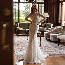 High Neck Mermaid Lace Wedding Dresses Vintage Long Sleeve Pearl Bride Gowns