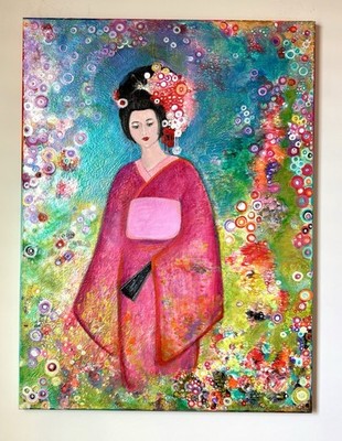 Geisha On Her Way To Kyoto- Acrylics, Gold On 18/24 Inch Canvas (without Frame)