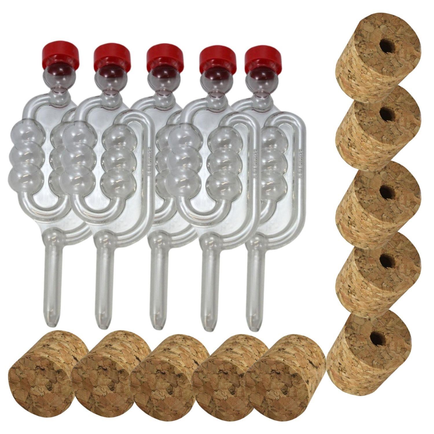 Brewing Bubbler Airlocks x 5 Bored Cork Bungs x 5 Solid Cork Bungs x 5
