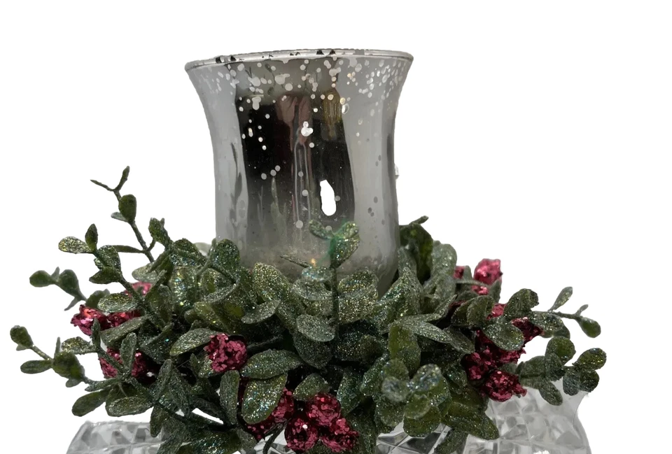 Vidrio espejo plateado verde plástico recubierto de bayas brillantes navideñas vintage años 80 Foto 3 de 4