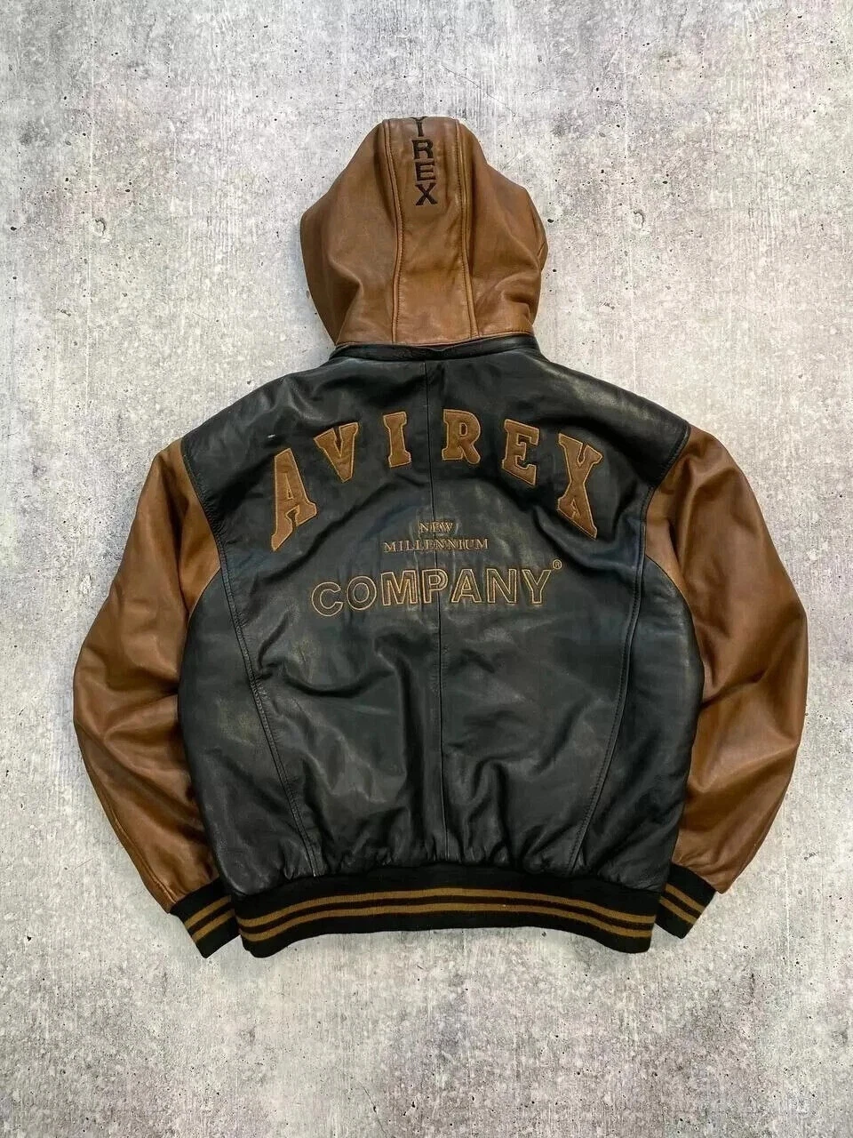 Avirex Company Genuine Leather Bomber Jacket Black Brown Baggy Hooded Mens Coat