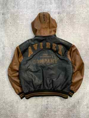 Avirex Company Echtleder Bomberjacke schwarz braun Baggy Kapuze Herren Mantel