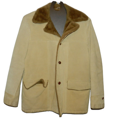 VINTAGE Sears Roebuck Leather Shop Tan SHEARLING  Leather Jacket 44 Made in USA