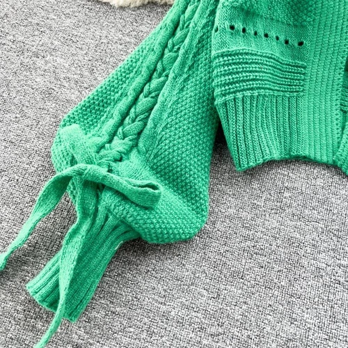 Lady Knitted Cardigan Top Coat Puff Sleeve Crop Winter Cute Casual Sweater Sweet - Imagen 9 de 19