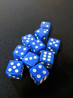 10 pack 16mm Square BLUE Dice -Opaque - White pip