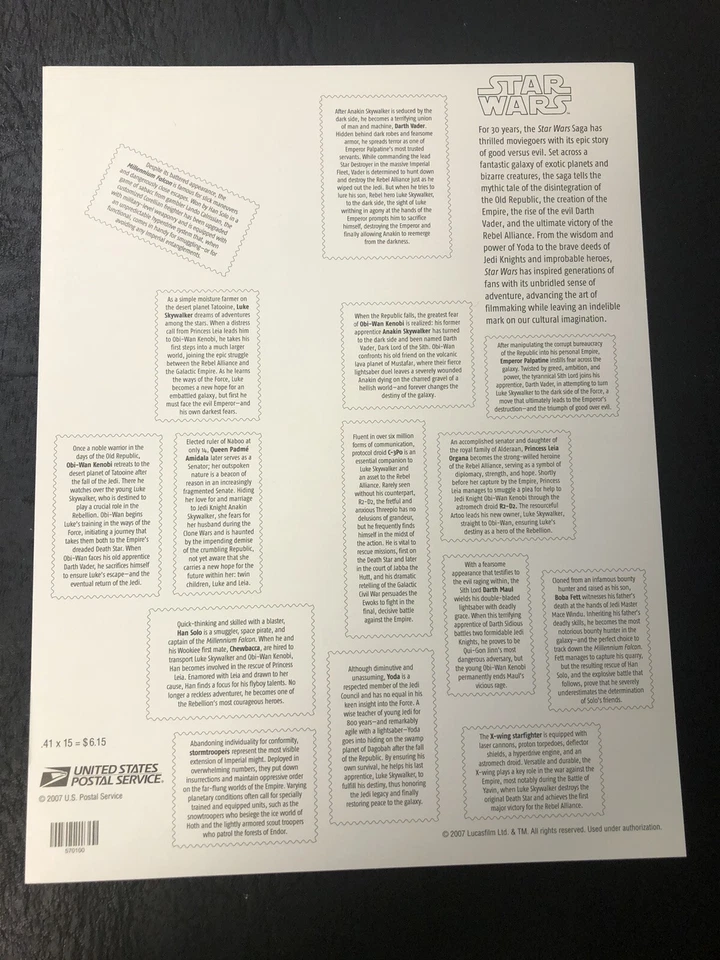 Scott #4143 2007 - 41¢ - Star Wars - Hoja completa de 15 estampillas - Como nuevo casi nuevo Foto 2 de 3