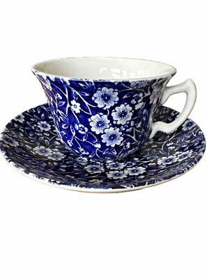 Vintage Staffordshire Calico Blue Cup & Saucer Burleigh From