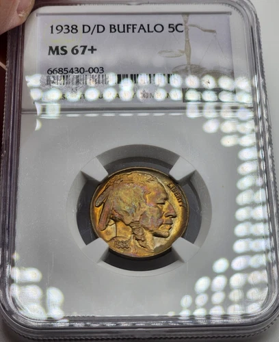 1938 D/D Buffalo 5C Nickel NGC MS67+ Plus Grade Rainbow Toned Monster $2500 PG