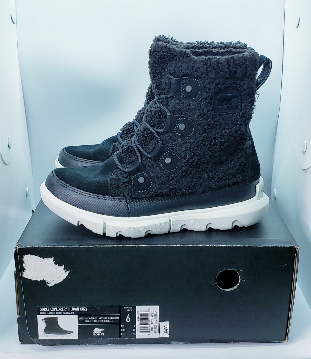 NIB Sorel Women's Explorer II Joan Cozy Waterproof Boots Black/Tea