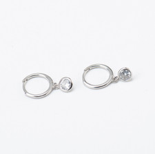 925 Sterling Silver Dangle Clear Round CZ Small Huggie Hoop Earrings 12mm E19