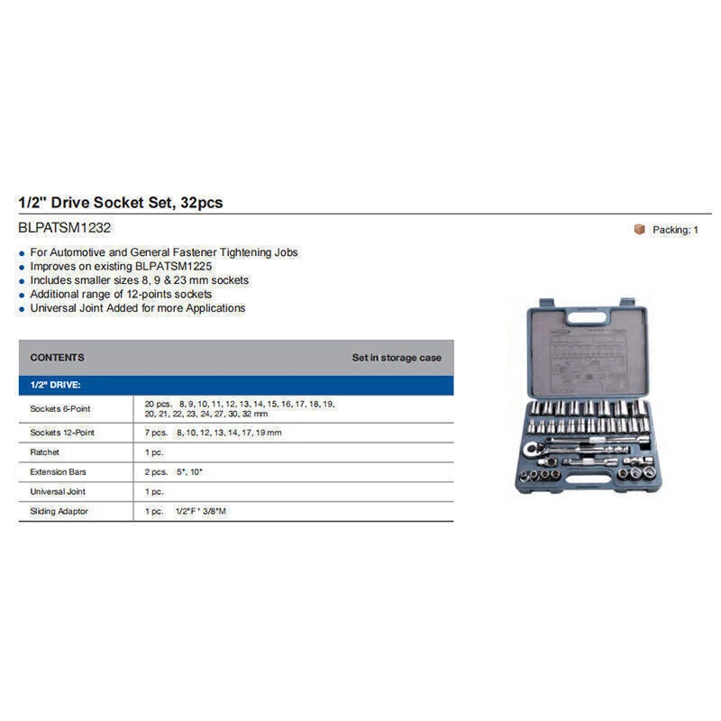 Blue Point Tools 32pc Drive Socket Set Professional Auto Repair Tool BLPATSM1232 - Image 3 of 4