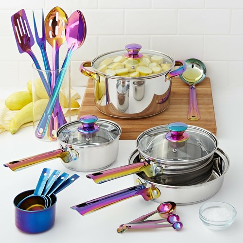 20pc Rainbow Iridescent Stainless Steel Pots Pans Utensils Kitchen Cookware Set eBay