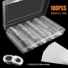 100pcs 30mm Coin Capsules Holder Case & 5 Sizes Gaskets with Plastic Storage Box