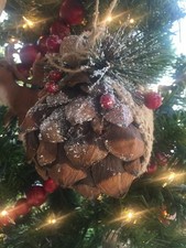 Gorgeous 4.5" Woodland Frosted Pinecone/Berry Burlap Ball Christmas Ornament