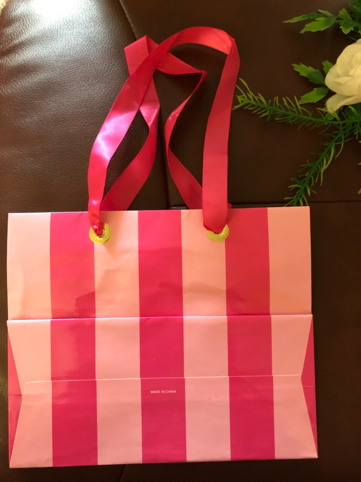 Victoria's Secret Pink Striped gift Bag with ribbon tie 7.5 x 6.25" x 3