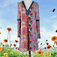 Boho Paisley Floral Dress Cold Shoulder Bell Sleeve Hippie Embroidered Small