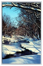 Puente River Creek cubierto de nieve "Majestic Wintertime", postal cromada vintage