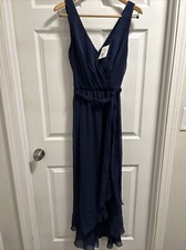 NWT David  s bridal size 10 Navy  marine  color long chiffon Faux wrap dress