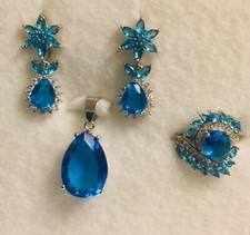 Charming Swiss Blue Topaz  CZ Sterling Silver 925 Jewelry Set Ring  7