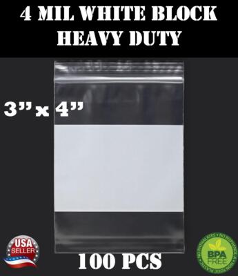100 - 3'' x 4'' Zip Seal Reclosable 4Mil Top Lock Bags White Block Heavy Duty