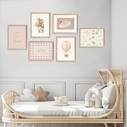 Pink Nursery Wall Art Baby Girl Canvas Wall Decor Vintage Poster Bunny Flower Wa