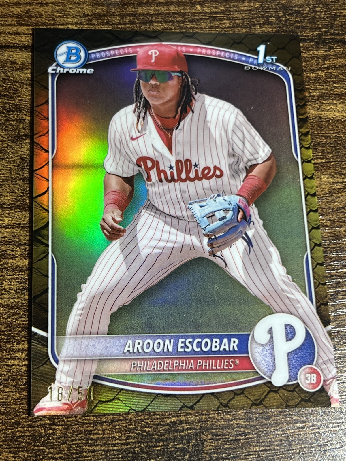AROON ESCOBAR 2025 Bowman Chrome #BCP-65 Phillies Gold Reptilian Refractor /50