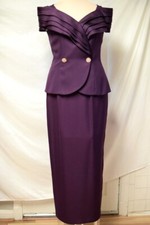 Vtg Oleg Cassini Plum Crepe  Satin 2 Pc. Cocktail Suit Gown Pleated Shoulder-10