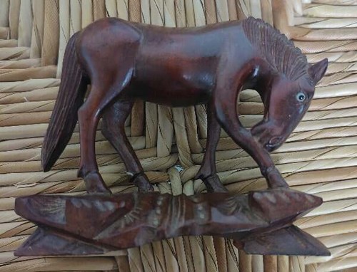 Vintage Carved Rosewood Solid Wooden Figure Figurine 5" Horse With Hanging Head