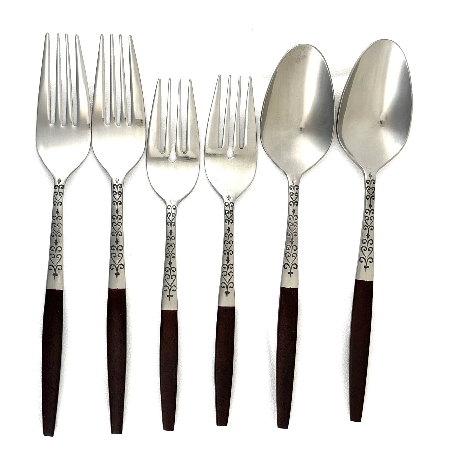 Lot of 6 Interpur INR2 Forks & Spoons SS + Smooth Dark Brown Synthetic Handles