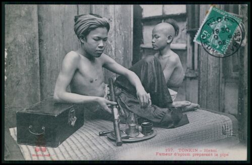 aa Ethnic Asia Tonkin Hanoi Vietnam Opium smoker original c1910s postcard - Picture 1 of 2