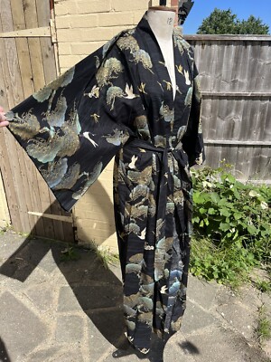 VINTAGE SAKURAI SHOJI KIMONO 100 % BAUMWOLLE DRUCK SCHWARZ GOLD VOGEL BAUM ZUM BINDEN MAXI