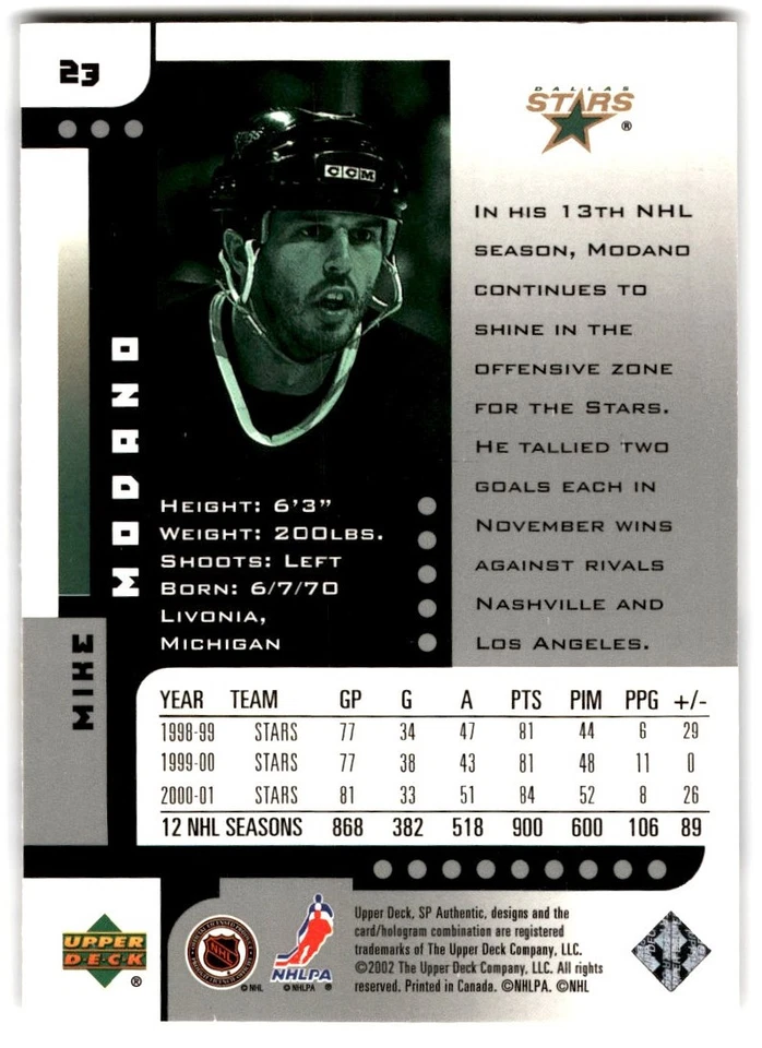 2001-02 SP Authentic Mike Modano #23 Dallas Stars - Image 2 of 2