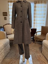 Vtg Wool Blend Suit Set Womens Tweed Long Jacket/Coat  Pants Black/Gray Sz S