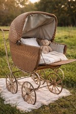 1890s Antique Wicker Baby Carriage Pram Rustic Farmhouse Decor Photo Prop