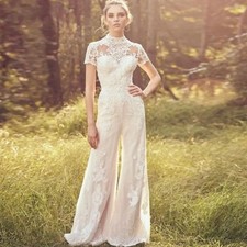 Elegant Lace Jumpsuits Wedding Dresses Bride Pants Suit Short Sleeves High Neck